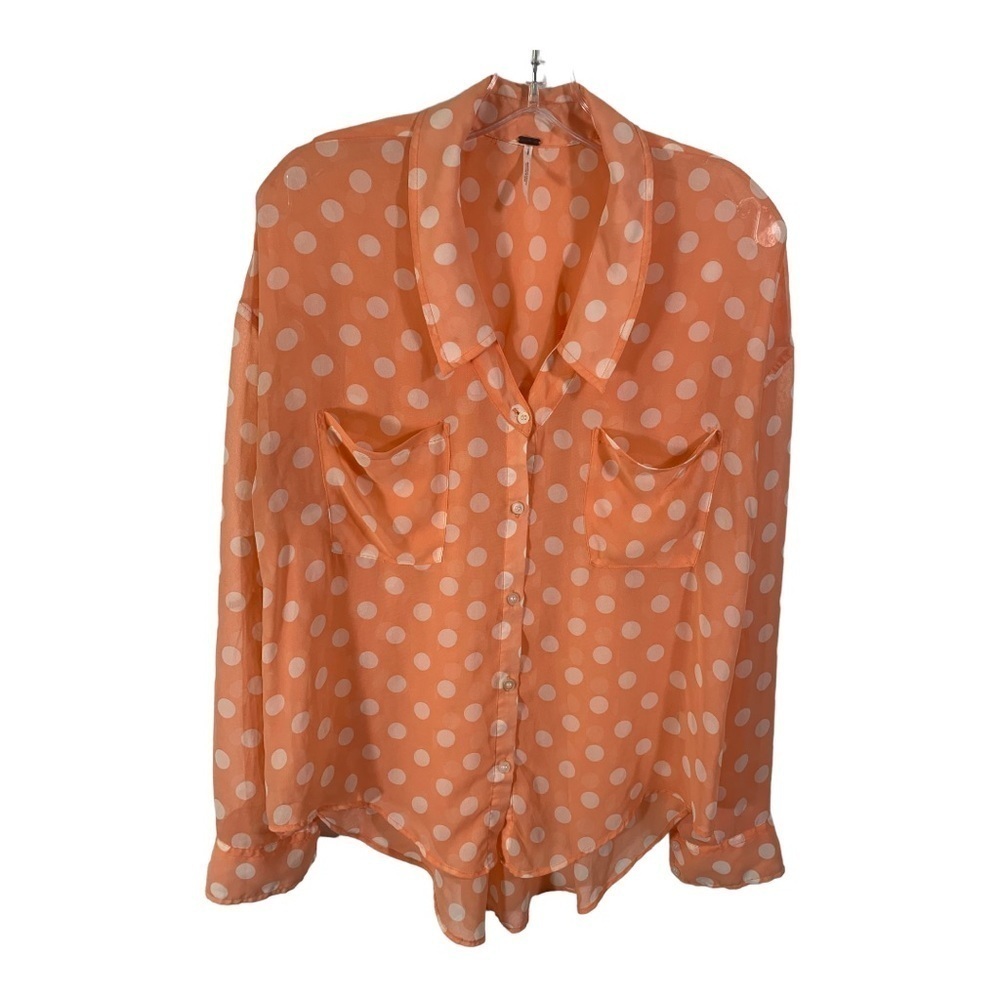 Free People Peach Polka Dot Sheer Collared Button Down Long Sleeve Tab Sleeve